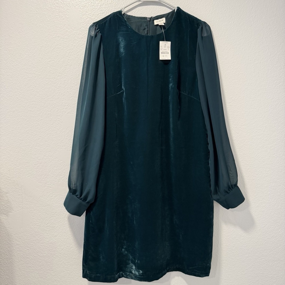 J. Crew Factory Size-8 Green Velvet Mini Shift Dress Sheer Sleeves Mod Party